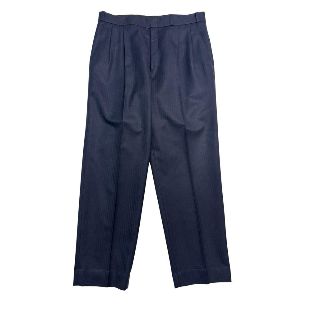 vtg Tailored Bespoke 34x30 Navy Blue Stripe Dress Pants Trousers Superfine Wool